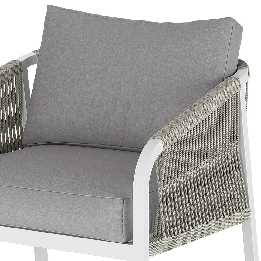 Vernon 5 Seater Aluminium Outdoor Sofa Set in Grey, featuring a modern armchair with a white frame, light-gray cushions, and woven rope detailing on armrests, perfect for contemporary indoor or outdoor lounging.
