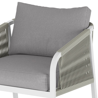 Vernon 5 Seater Aluminium Outdoor Sofa Set in Grey, featuring a modern armchair with a white frame, light-gray cushions, and woven rope detailing on armrests, perfect for contemporary indoor or outdoor lounging.