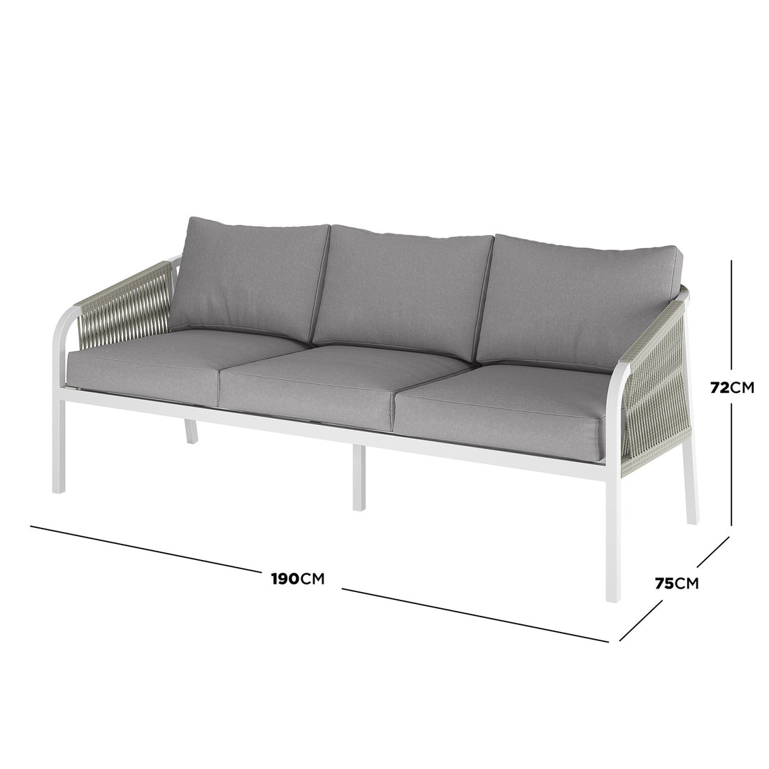 Vernon 5 Seater Aluminium Outdoor Sofa Set in Grey featuring a three-seat sofa with a white metal frame, grey cushions, and woven rope armrests. Dimensions: 190cm W x 75cm D x 72cm H.