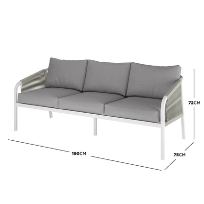 Vernon 5 Seater Aluminium Outdoor Sofa Set in Grey featuring a three-seat sofa with a white metal frame, grey cushions, and woven rope armrests. Dimensions: 190cm W x 75cm D x 72cm H.
