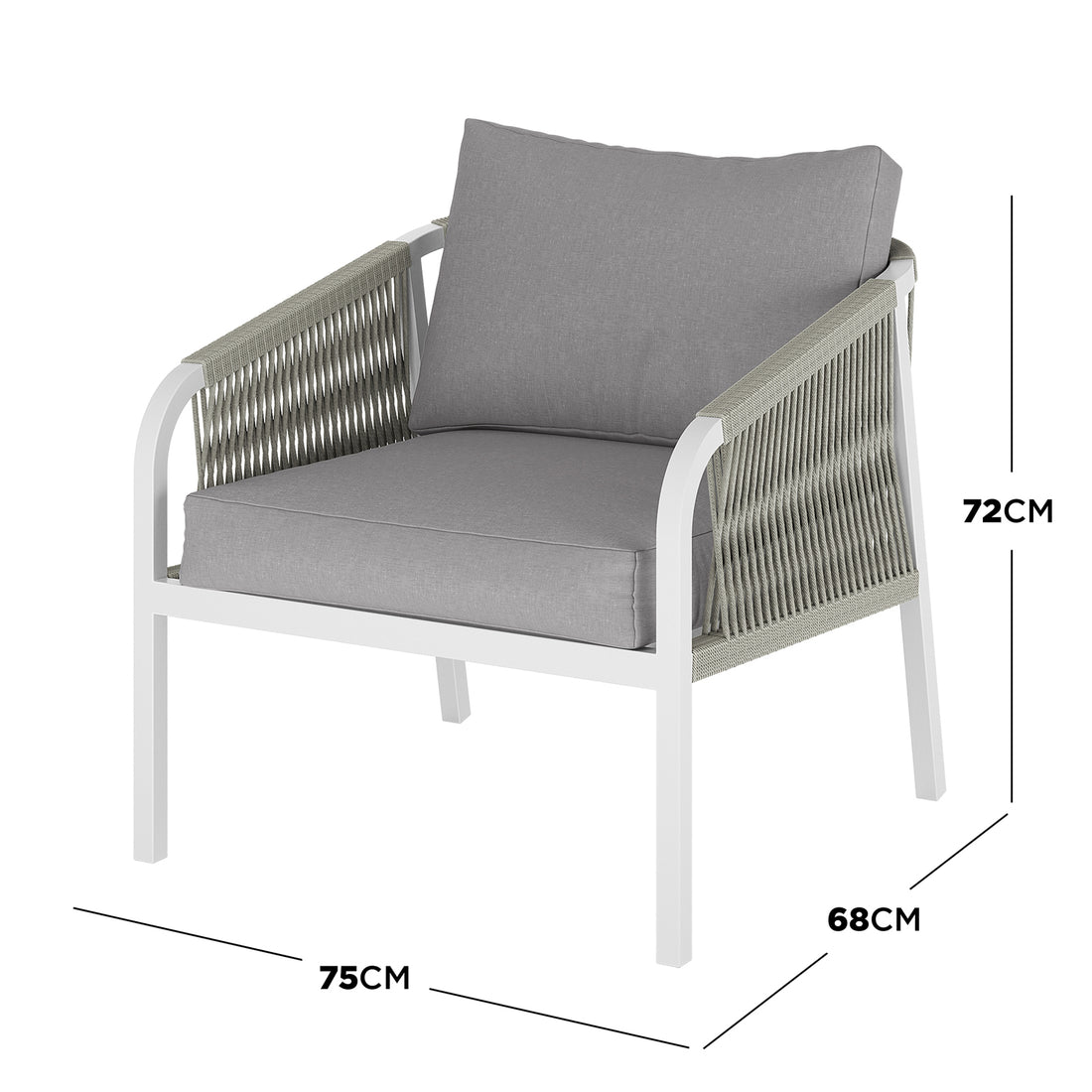 Vernon 5 Seater Aluminium Outdoor Sofa Set in Grey features a single-seat lounge chair with a white metal frame, grey rope-wrapped arm sides, and matching grey cushions.