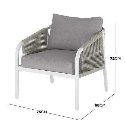 Vernon 5 Seater Aluminium Outdoor Sofa Set in Grey features a single-seat lounge chair with a white metal frame, grey rope-wrapped arm sides, and matching grey cushions.