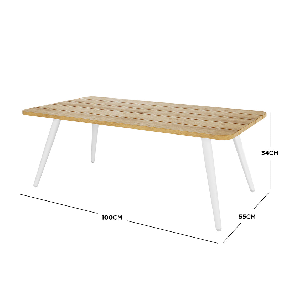 Vernon 5 Seater Outdoor Aluminium Sofa Set in Grey featuring a low rectangular coffee table with a slatted wood top and splayed white metal legs, measuring 100 cm in length.