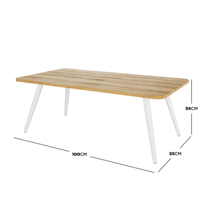 Vernon 5 Seater Outdoor Aluminium Sofa Set in Grey featuring a low rectangular coffee table with a slatted wood top and splayed white metal legs, measuring 100 cm in length.