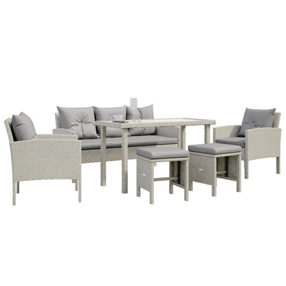 Vero 7 Seater Wicker Outdoor Sofa Dining Set, highlighting the wicker texture and design elements like armrests and cushions, emphasizing its modern appeal and suitability for outdoor dining.
