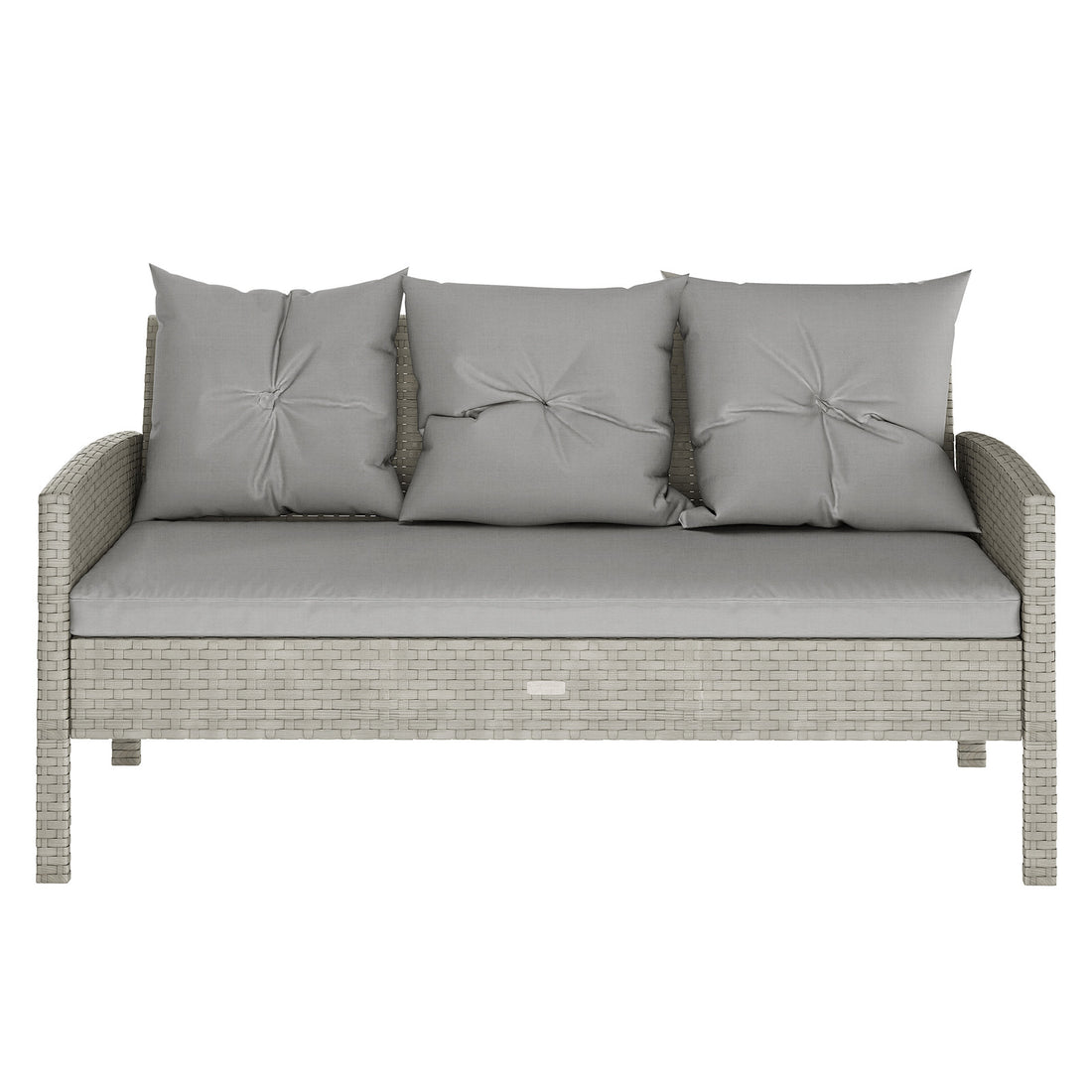 Vero 7 Seater Wicker Outdoor Sofa Dining Set Warm Grey features a wicker frame with plush cushions, including a three-seater sofa, two chairs, and footstools, perfect for outdoor relaxation.