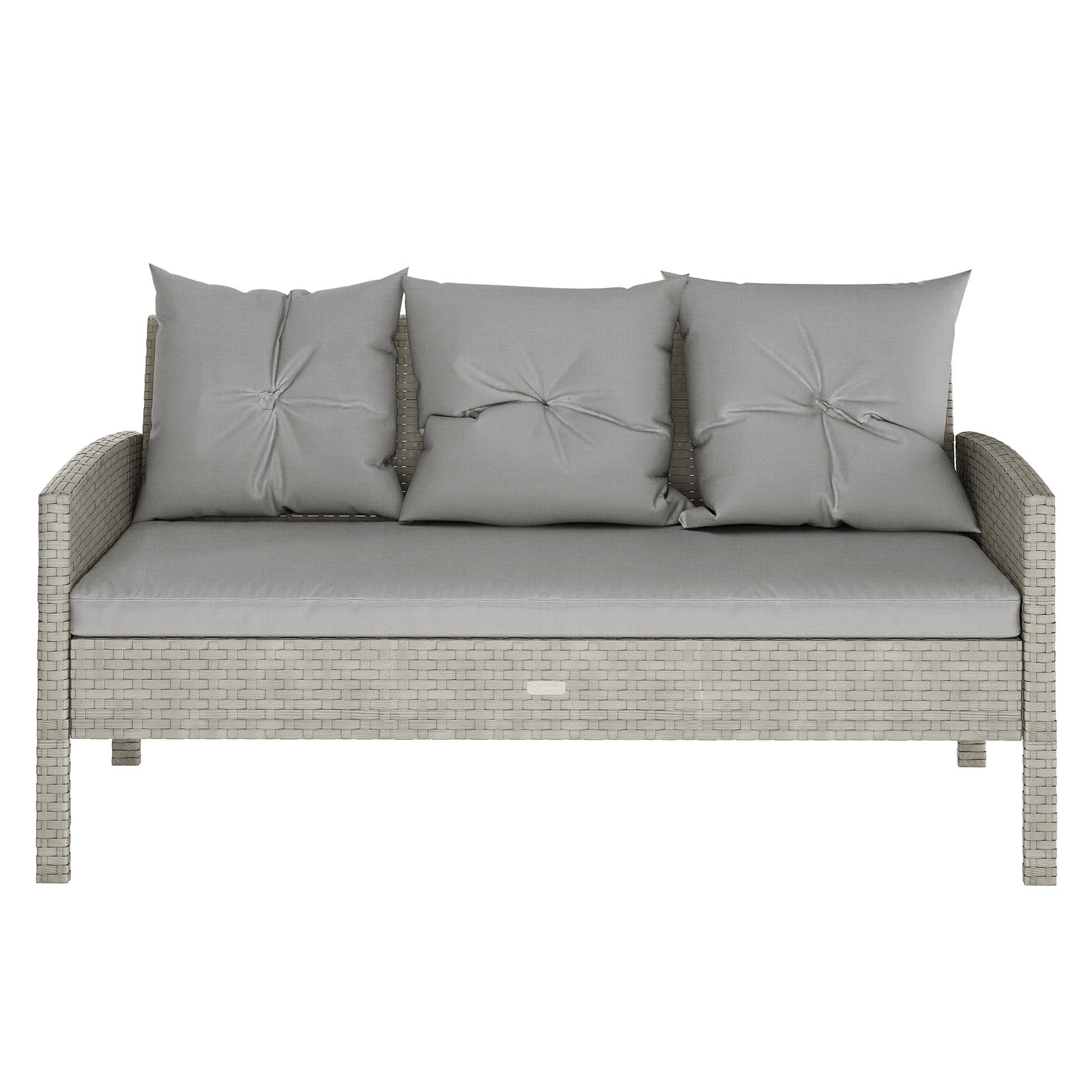 Vero 7 Seater Wicker Outdoor Sofa Dining Set Warm Grey features a wicker frame with plush cushions, including a three-seater sofa, two chairs, and footstools, perfect for outdoor relaxation.