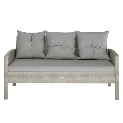 Vero 7 Seater Wicker Outdoor Sofa Dining Set Warm Grey features a wicker frame with plush cushions, including a three-seater sofa, two chairs, and footstools, perfect for outdoor relaxation.