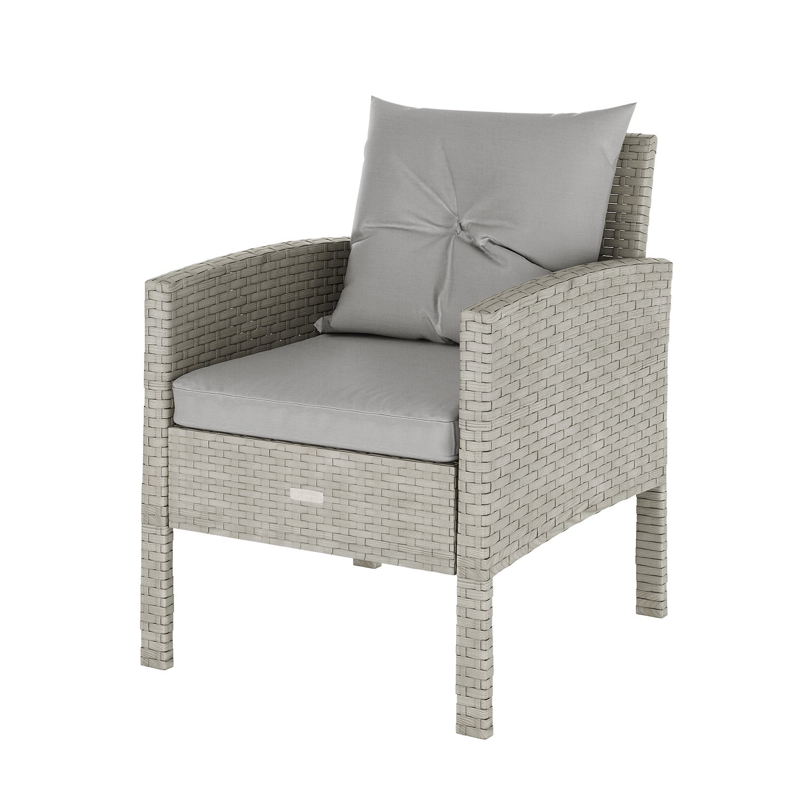 Close-up of a pillow on the Vero 7 Seater Wicker Outdoor Sofa Dining Set, featuring a grey chair, highlighting the set's premium wicker design and inviting comfort.