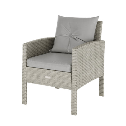 Close-up of a pillow on the Vero 7 Seater Wicker Outdoor Sofa Dining Set, featuring a grey chair, highlighting the set's premium wicker design and inviting comfort.