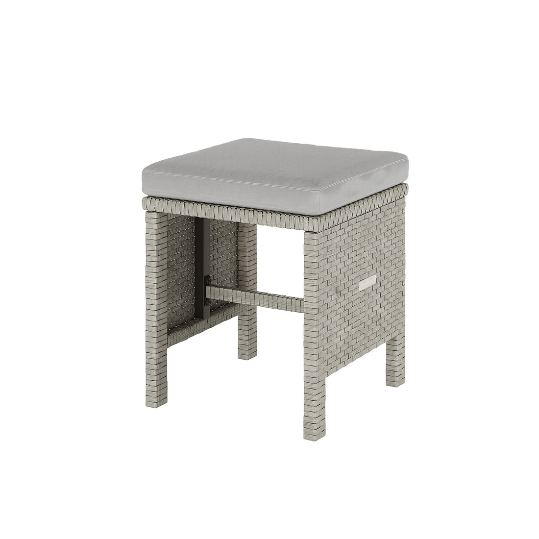 Vero 7 Seater Wicker Outdoor Sofa Dining Set Warm Grey features a stool with a cushioned seat, highlighting its versatile and modern design suitable for outdoor relaxation and dining.