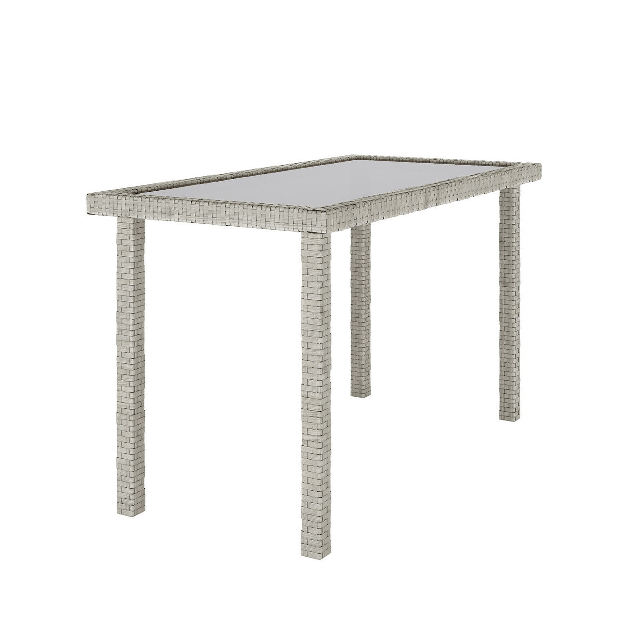 Vero 7 Seater Wicker Outdoor Sofa Dining Set Warm Grey featuring a glass-topped table made of bricks, ideal for enhancing outdoor spaces with a modern, durable design.