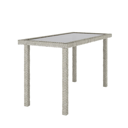 Vero 7 Seater Wicker Outdoor Sofa Dining Set Warm Grey featuring a glass-topped table made of bricks, ideal for enhancing outdoor spaces with a modern, durable design.