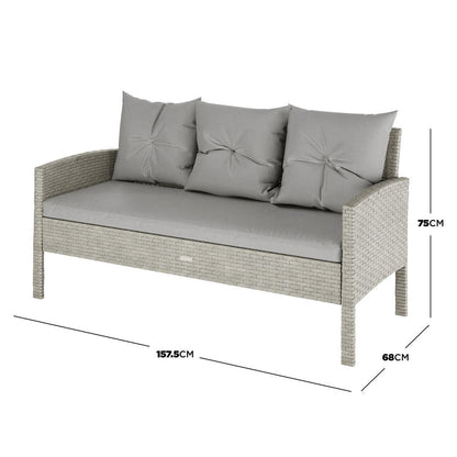 Close-up of Vero 7 Seater Wicker Outdoor Sofa Dining Set Warm Grey, highlighting the intricate wicker pattern and plush cushions, placed on a chair, emphasizing its inviting and luxurious design.