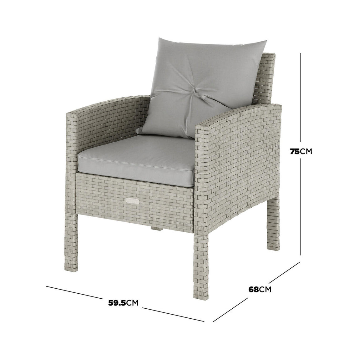 Vero 7 Seater Wicker Outdoor Sofa Dining Set Warm Grey features a close-up of a plush pillow on a wicker club chair, highlighting the set's comfortable and inviting seating arrangement.