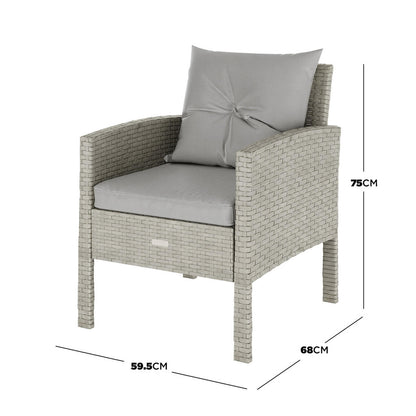 Vero 7 Seater Wicker Outdoor Sofa Dining Set Warm Grey features a close-up of a plush pillow on a wicker club chair, highlighting the set's comfortable and inviting seating arrangement.