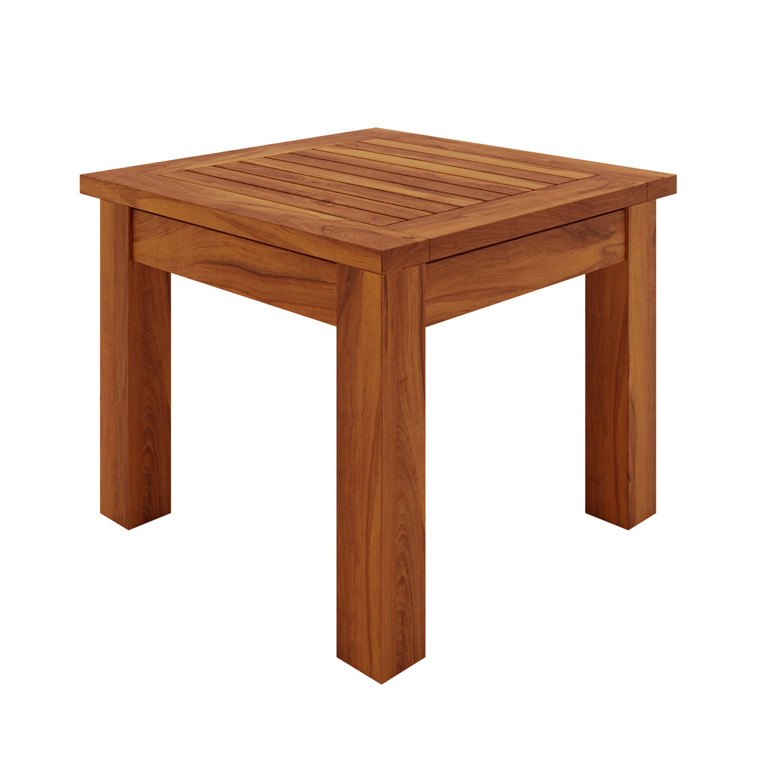 Wave Hardwood Acacia Outdoor Sun Loungers Set of 2 in Natural features a square wooden side table with solid slats and four legs, embodying elegance and durability for your outdoor relaxation space.