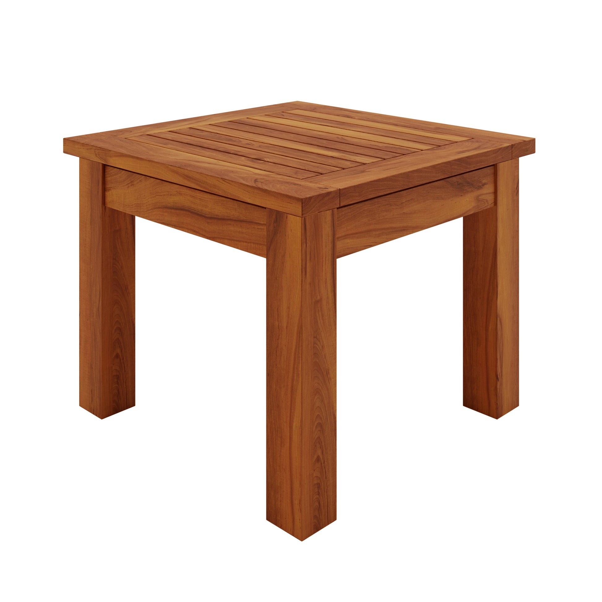 Wave Hardwood Acacia Outdoor Sun Loungers Set of 2 in Natural features a square wooden side table with solid slats and four legs, embodying elegance and durability for your outdoor relaxation space.
