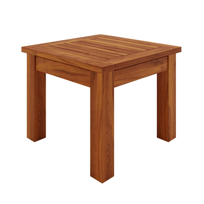 Wave Hardwood Acacia Outdoor Sun Loungers Set of 2 in Natural features a square wooden side table with solid slats and four legs, embodying elegance and durability for your outdoor relaxation space.