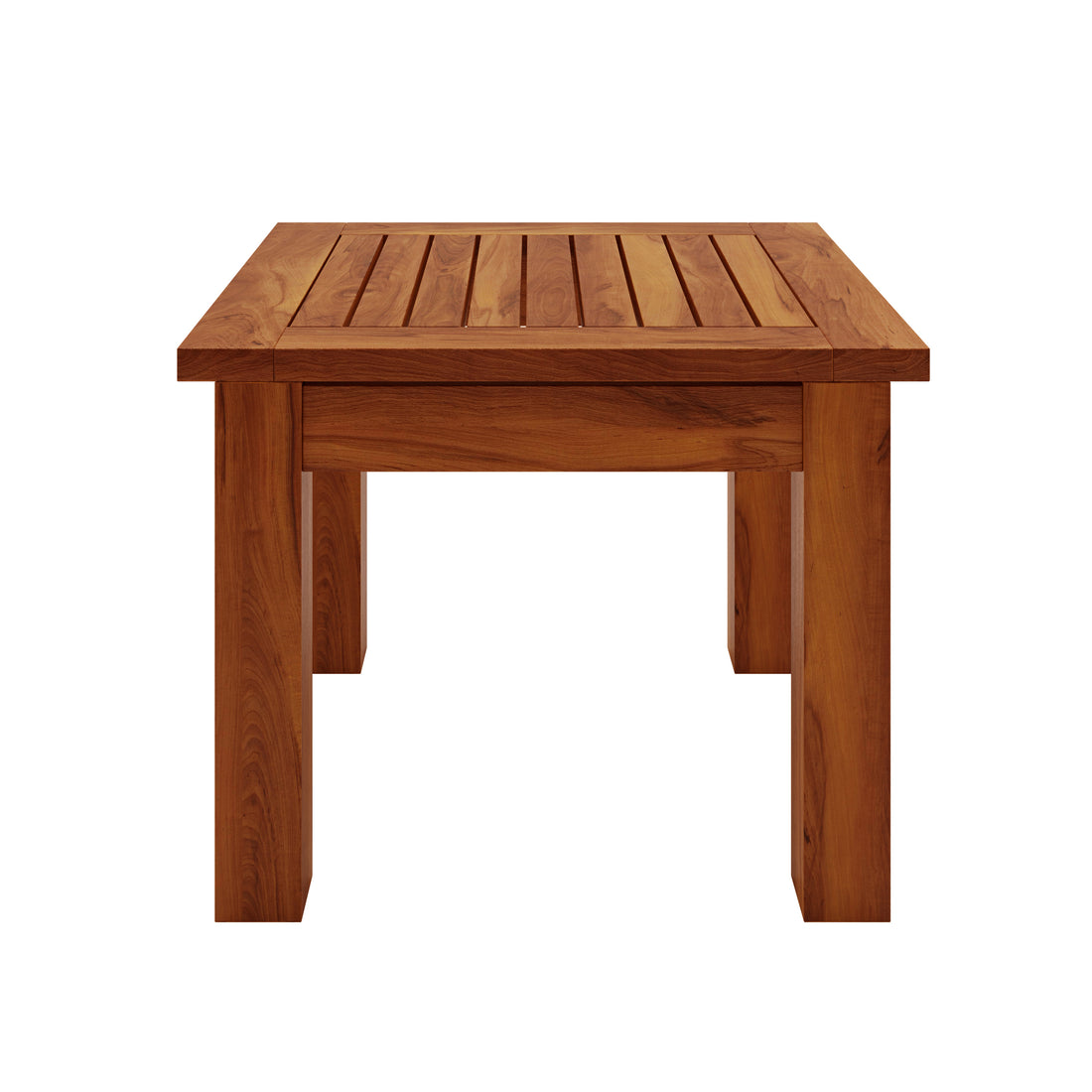 Square wooden table with slatted top and sturdy legs, part of the Wave Hardwood Acacia Outdoor Sun Loungers Set of 2 in Natural, designed for outdoor relaxation and durability.