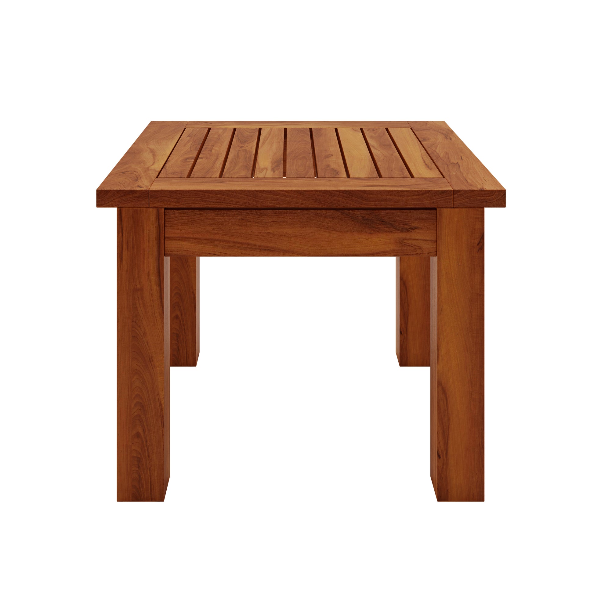 Square wooden table with slatted top and sturdy legs, part of the Wave Hardwood Acacia Outdoor Sun Loungers Set of 2 in Natural, designed for outdoor relaxation and durability.