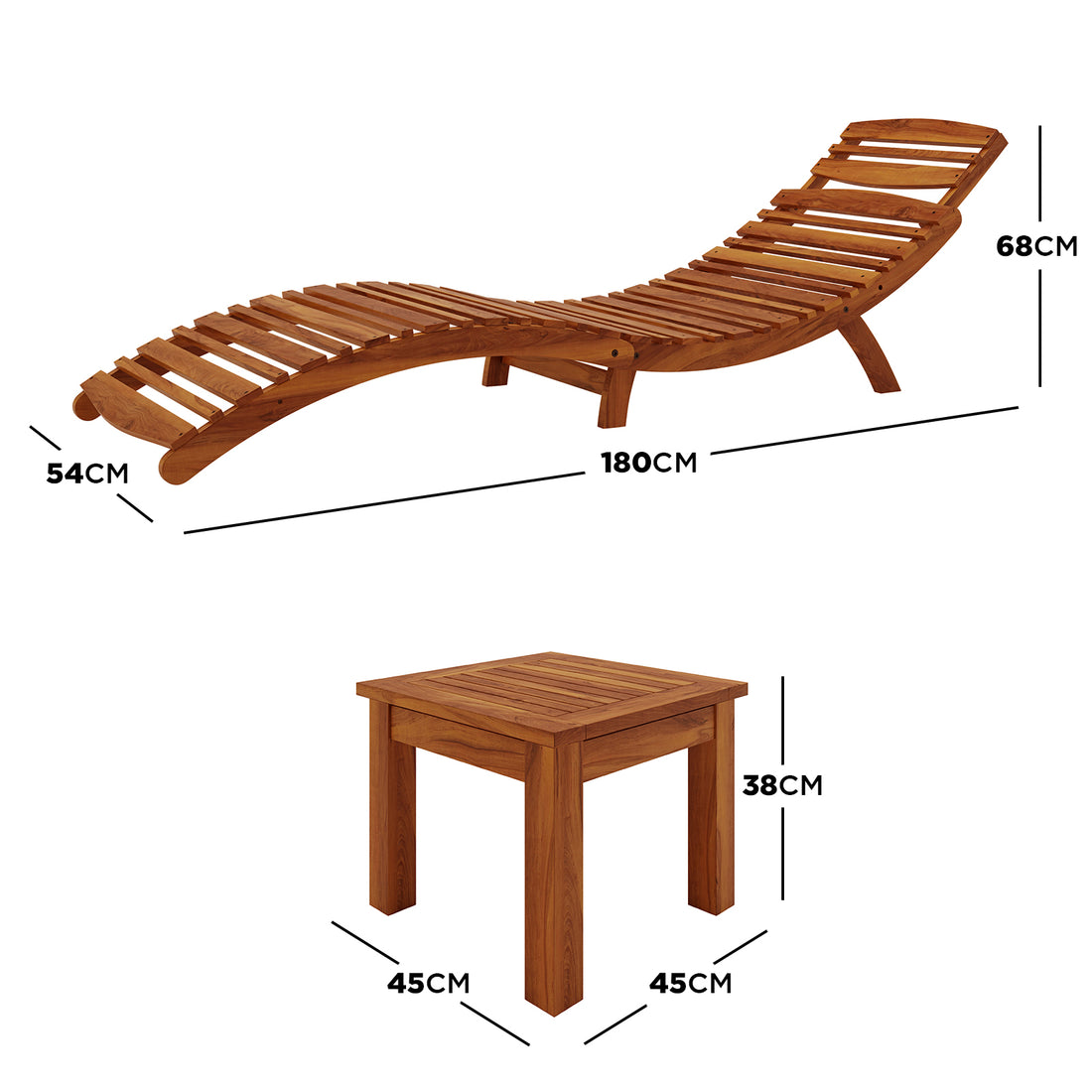 Wave Hardwood Acacia Outdoor Sun Loungers Set of 2 in Natural features curved, slatted wood sun loungers and a matching foldable side table, showcasing ergonomic design and durable construction for outdoor relaxation.