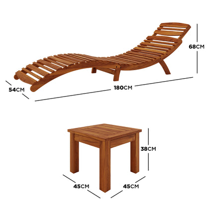 Wave Hardwood Acacia Outdoor Sun Loungers Set of 2 in Natural features curved, slatted wood sun loungers and a matching foldable side table, showcasing ergonomic design and durable construction for outdoor relaxation.