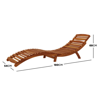 Wave Hardwood Acacia Outdoor Sun Loungers Set of 2 in Natural, showcasing an ergonomic design with curved slatted wood, foldable structure, and dimensions of 180x54x68cm, ideal for indoor or outdoor lounging.
