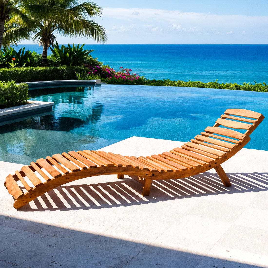 Wave Hardwood Acacia Foldable Outdoor Sun Lounger in Natural by an infinity pool, surrounded by tropical greenery and ocean view, showcasing its ergonomic wave design and sturdy, sustainable eucalyptus wood frame.