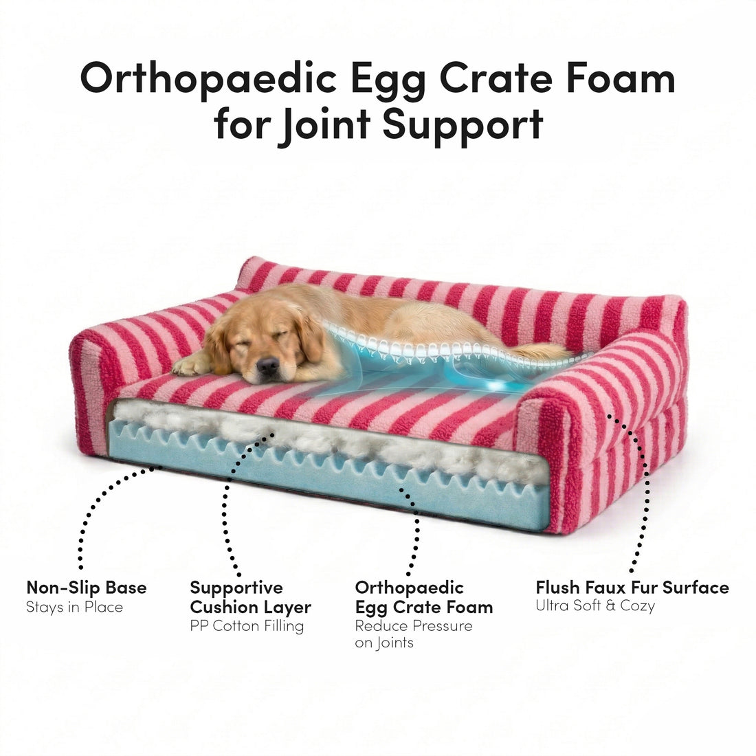 Barnaby Large Orthopaedic Boucle Dog Bed in Pink Stripes