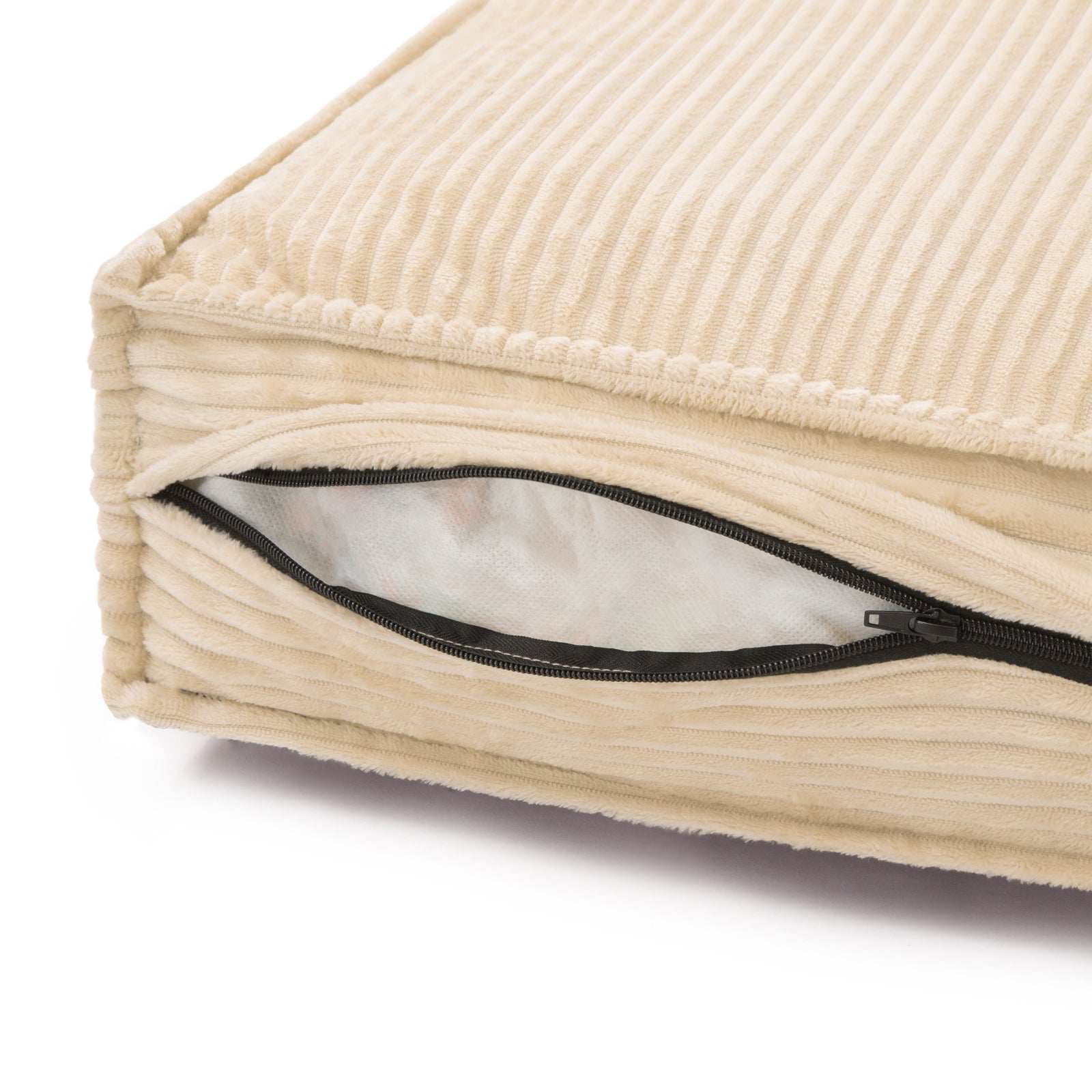 Close-up of the Dax Medium Corduroy Dog Bed, showcasing its soft corduroy texture, durable stitching, and plush cushioning with a concealed zipper, emphasizing its stylish and functional design for pet comfort.