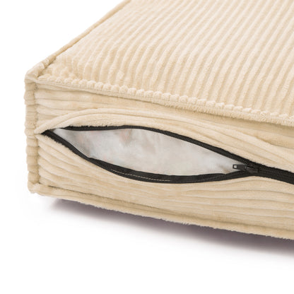 Close-up of the Dax Medium Corduroy Dog Bed, showcasing its soft corduroy texture, durable stitching, and plush cushioning with a concealed zipper, emphasizing its stylish and functional design for pet comfort.