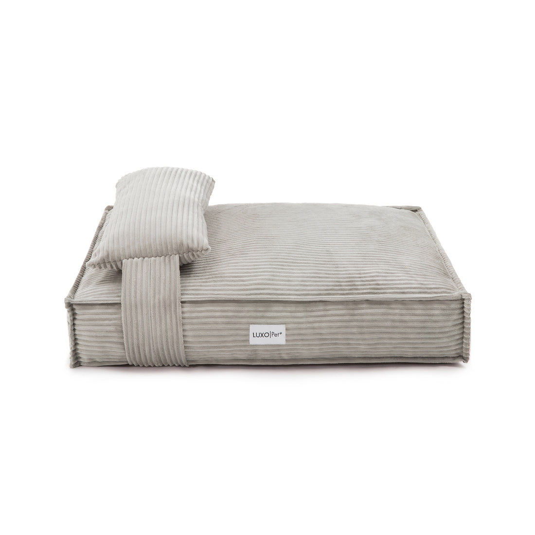 Dax Medium Corduroy Dog Bed – Grey Soft Support: Close-up of plush corduroy fabric with raised bolstered edges, offering head support. Features a hidden zipper and anti-skid base for stability.