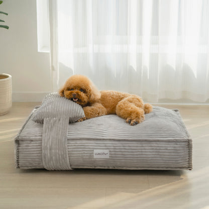 Dax Medium Corduroy Dog Bed – Grey Soft Support featuring plush bolstered edges and a textured surface, with a dog comfortably resting, showcasing its inviting and durable design.