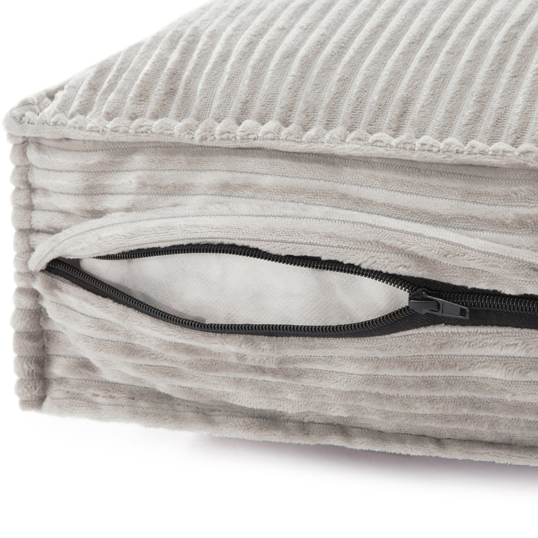 Dax Medium Corduroy Dog Bed – Grey Soft Support features a close-up of plush corduroy fabric, hidden zipper, and bolstered edges, showcasing durable stitching and fiber filling for enhanced pet comfort.