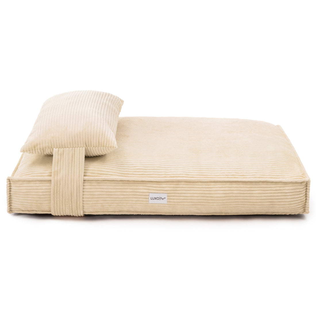 Dax Extra Large Corduroy Dog Bed – Beige Comfort, featuring plush cushioning and bolstered edges for neck support, suitable for large breeds. Close-up highlights durable corduroy texture and non-slip base.