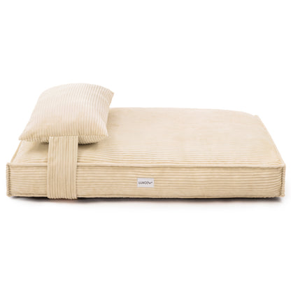 Dax Extra Large Corduroy Dog Bed – Beige Comfort, featuring plush cushioning and bolstered edges for neck support, suitable for large breeds. Close-up highlights durable corduroy texture and non-slip base.