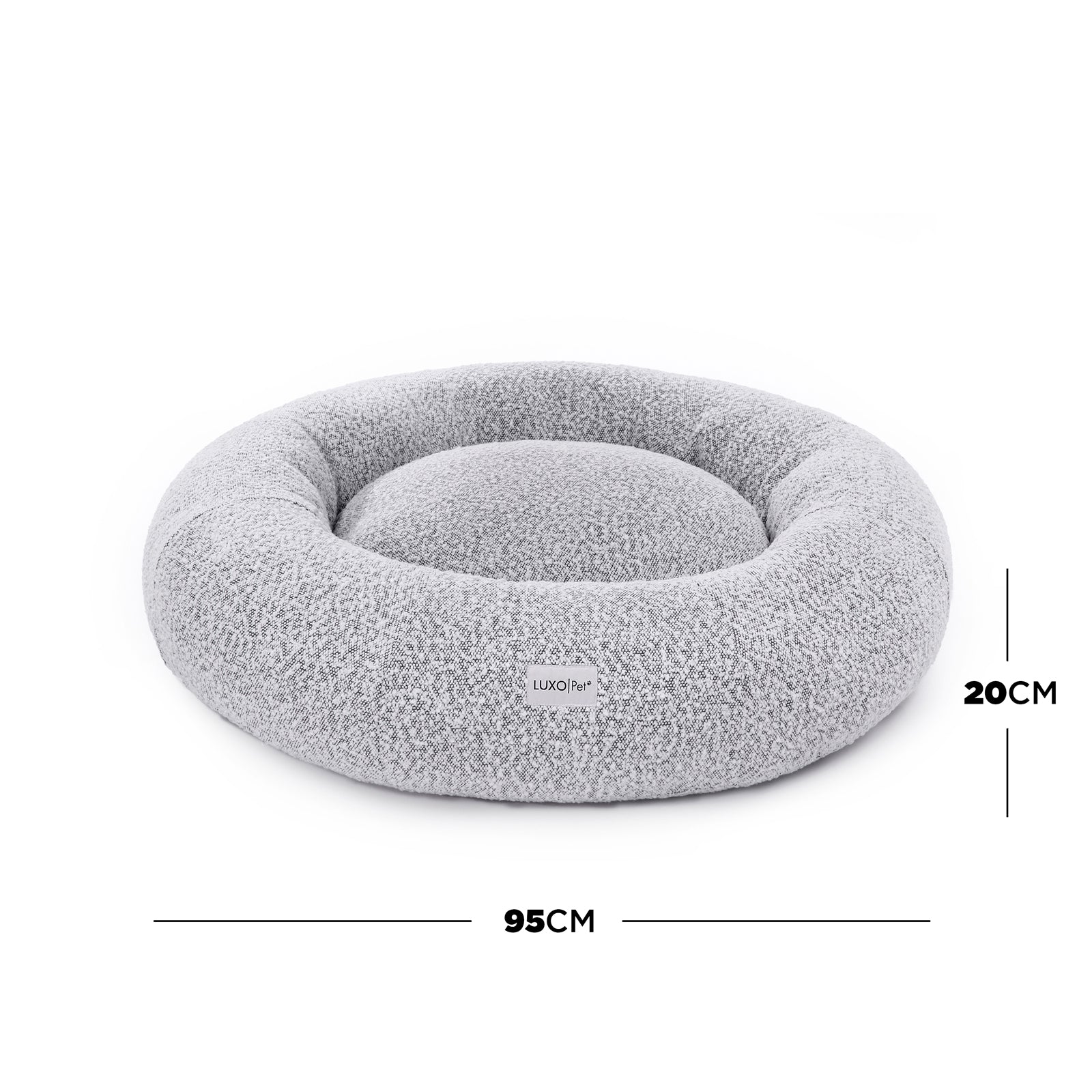 Kyra Large Boucle Pet Bed in White with Black Base features curved bolsters for support and a non-slip bottom. Ideal for large dogs, it combines modern design with pet comfort.