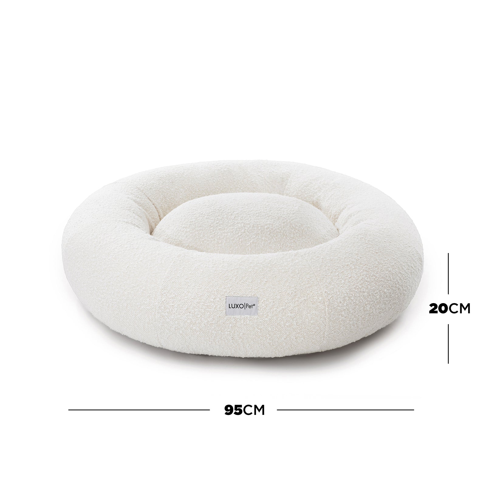 Kyra Large Boucle Pet Bed – Light Beige Plush Comfort, featuring plush raised bolsters, soft boucle fabric, and a white label. Designed for large dogs, offering ergonomic support and modern style.