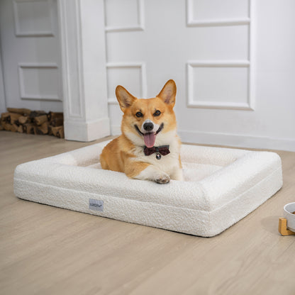 Tyro Luxe Medium Orthopedic Pet Bed – Light Beige, featuring a plush, supportive memory foam core, textured boucle fabric, and anti-slip base, ideal for pets needing joint support.