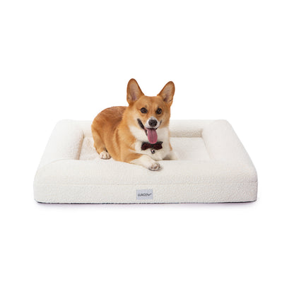 Tyro Luxe Medium Orthopedic Pet Bed – Light Beige; a plush, supportive bed designed for comfort and durability, featuring orthopedic memory foam, boucle fabric, and an anti-slip base, ideal for corgis.