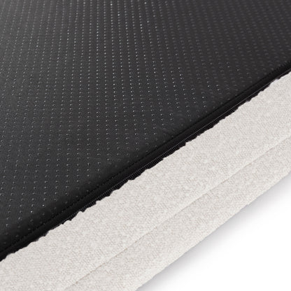 Tyro Luxe Small Orthopedic Pet Bed – Light Beige, showcasing a close-up of the durable boucle fabric, smooth hidden zipper, and plush memory foam, designed for comfort and joint support.