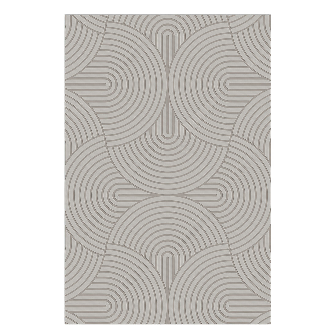 Alfy 200x300cm Large Tufted Modern Abstract Indoor Rug featuring a geometric pattern of concentric arcs and half-circles in neutral tones, ideal for contemporary home decor.