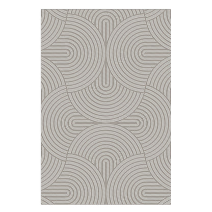 Alfy 200x300cm Large Tufted Modern Abstract Indoor Rug featuring a geometric pattern of concentric arcs and half-circles in neutral tones, ideal for contemporary home decor.
