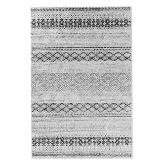 Alyne 200x300 Indoor Contemporary Large Floor Rug featuring a light neutral base with dark geometric patterns, including interlocking diamonds and dotted stripes, creating a modern tribal-inspired aesthetic.