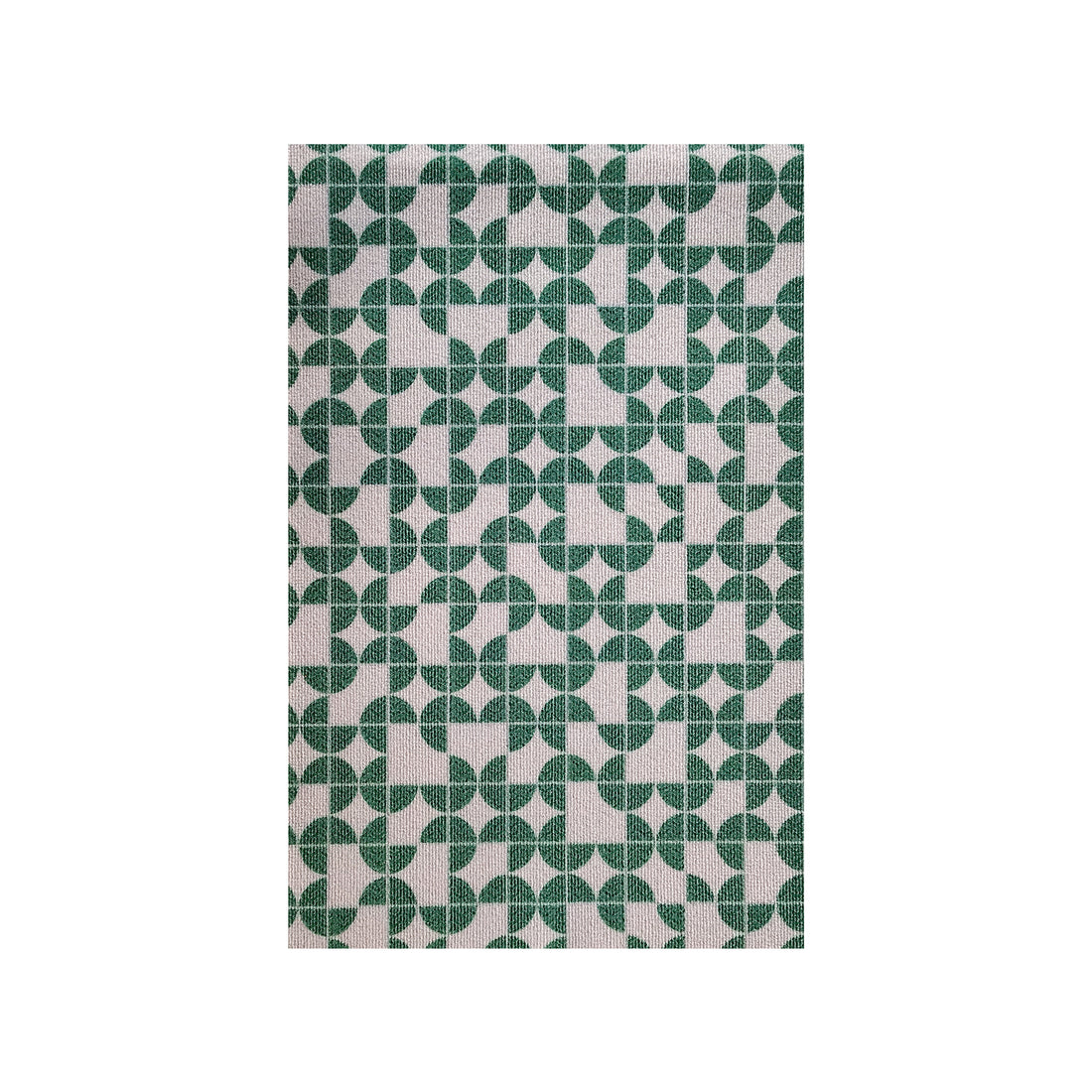 Angell 60x90cm Modern Outdoor Floor Doormat in Teal showcases a geometric pattern of dark-green quarter-circles and semi-circles on a light-beige background, forming circular and star-like motifs.