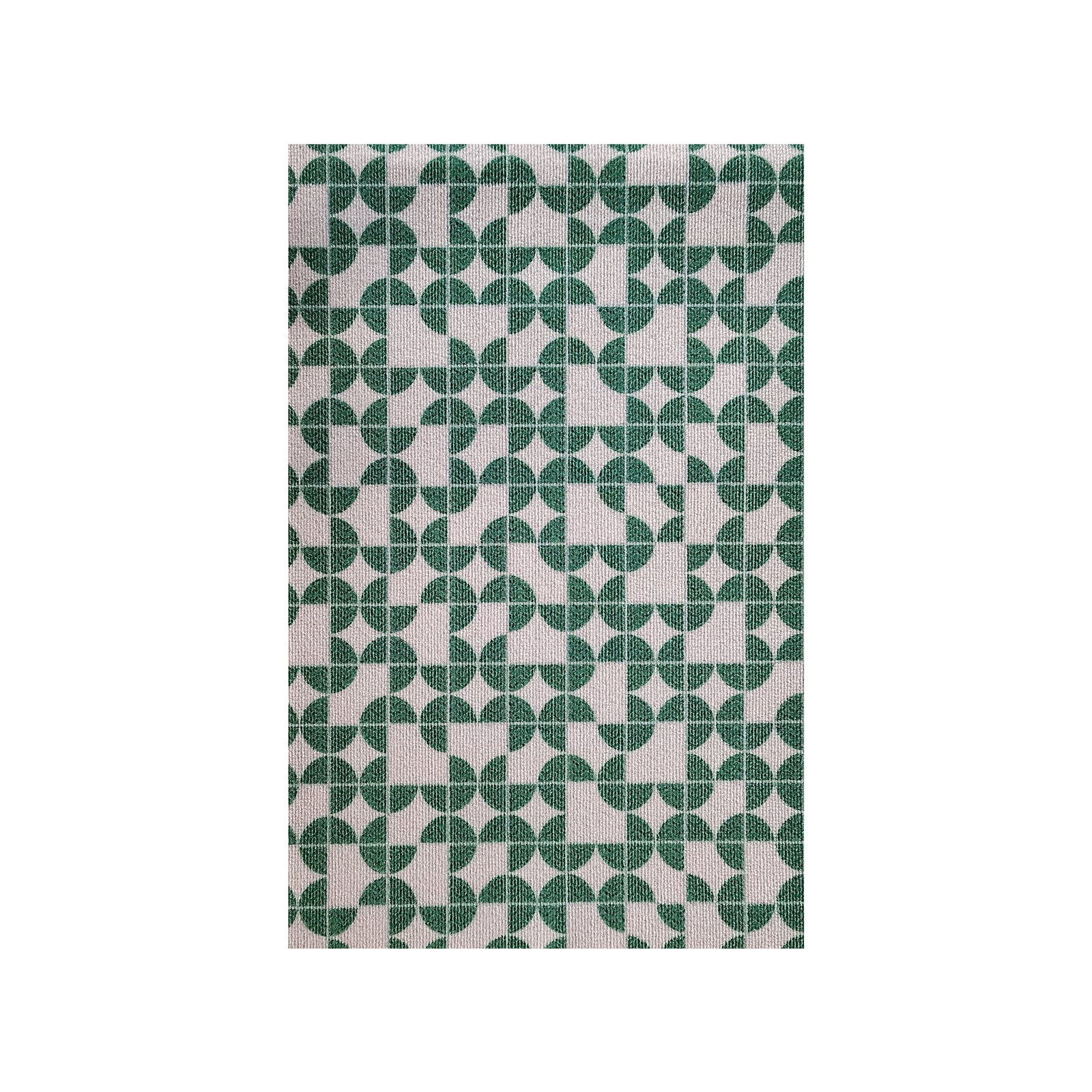 Angell 60x90cm Modern Outdoor Floor Doormat in Teal showcases a geometric pattern of dark-green quarter-circles and semi-circles on a light-beige background, forming circular and star-like motifs.