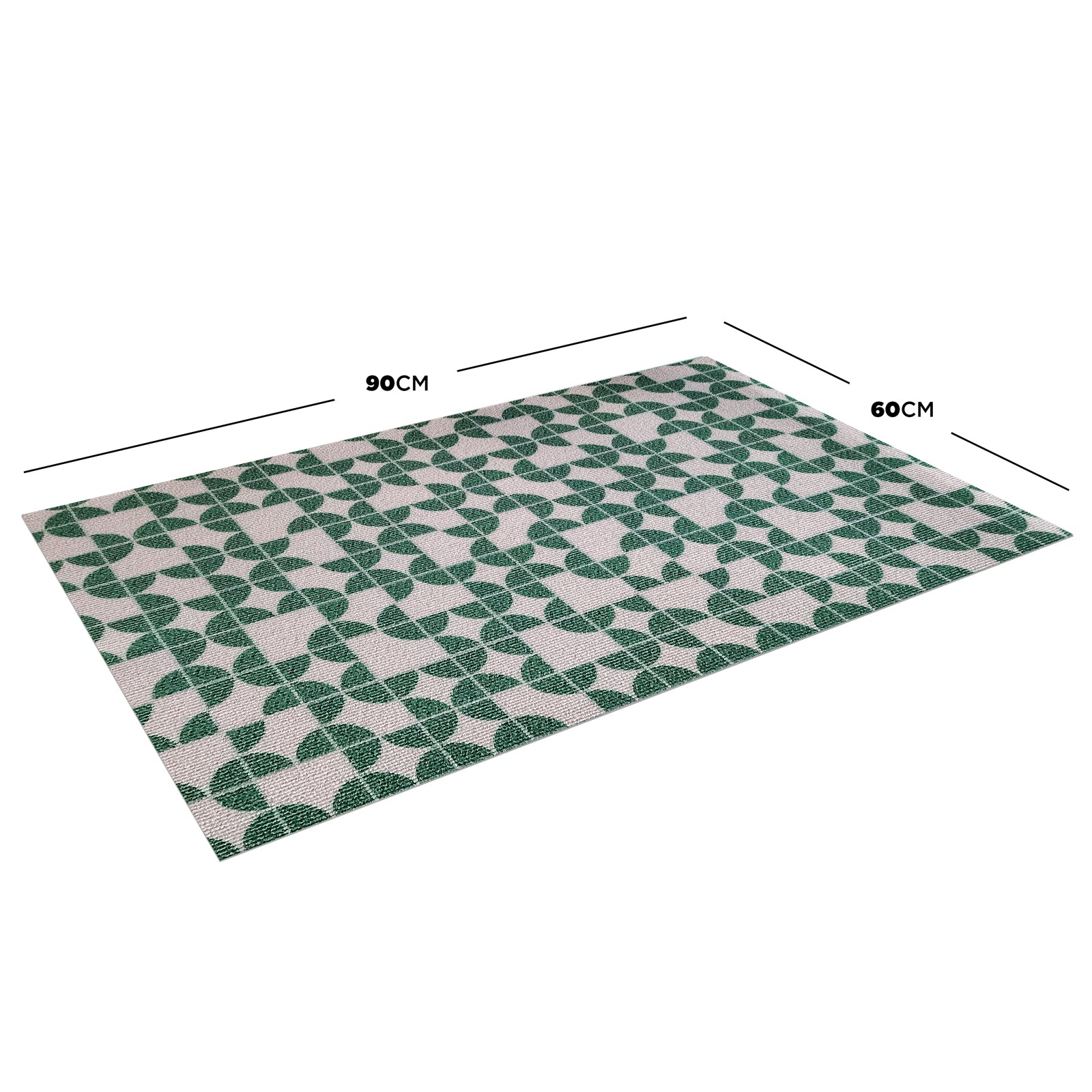 Angell 60x90cm Modern Outdoor Floor Doormat in Teal features a green geometric pattern on a light background, showcasing its dimensions and suitability for enhancing indoor or outdoor settings.