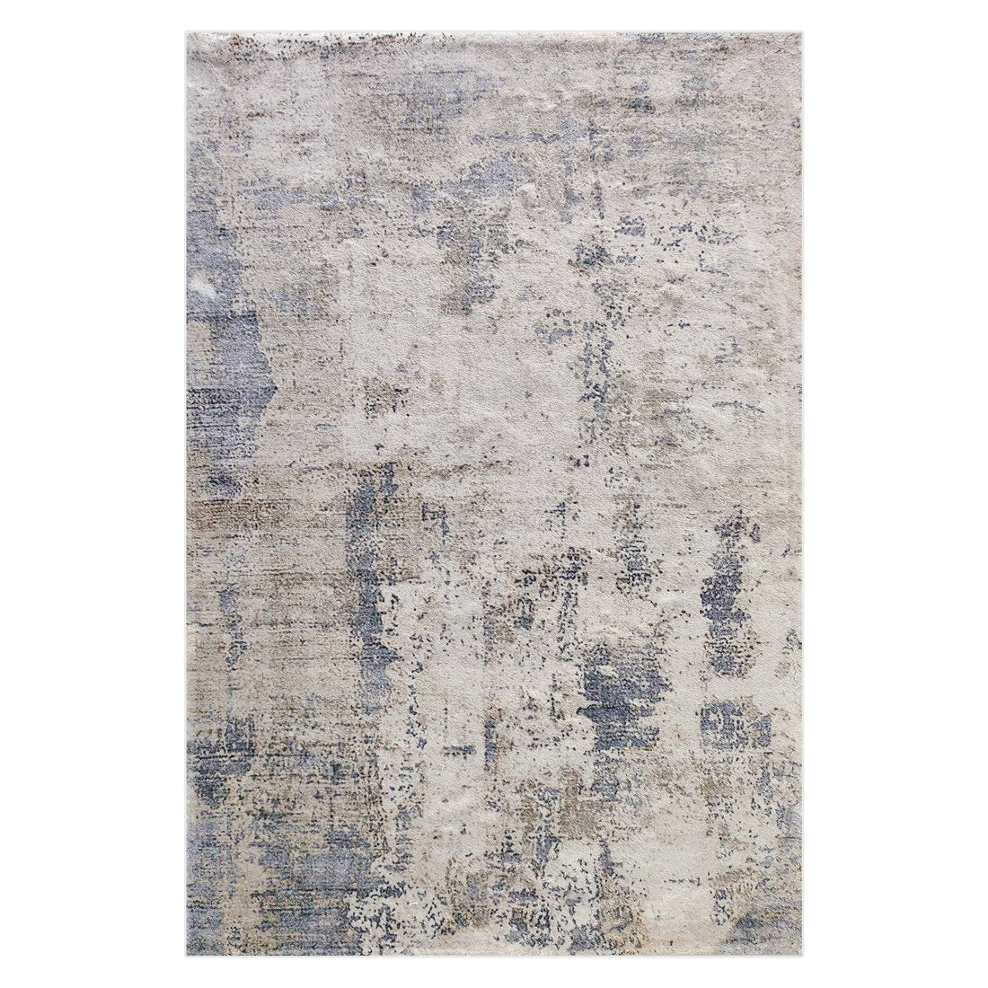 Ari 160x230cm Medium Tufted Printed Indoor Floor Rug featuring a distressed abstract pattern with low to medium pile height, showcasing muted grays, beiges, and slate blue on an oatmeal toned base.