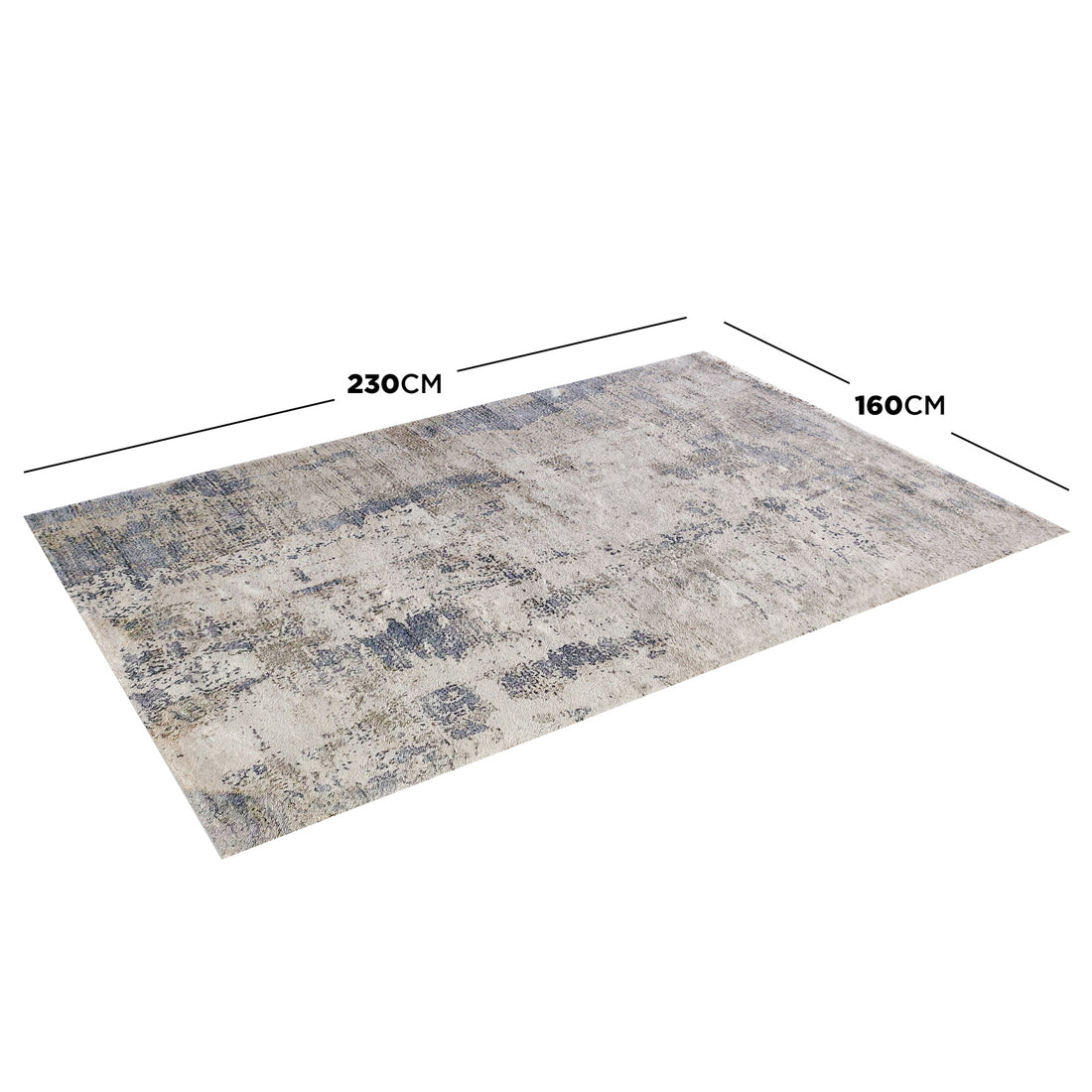 Ari 160x230cm Medium Tufted Printed Indoor Floor Rug with a distressed abstract design in beige, cream, and blue/gray on a white background, showcasing its dimensions and modern elegance.